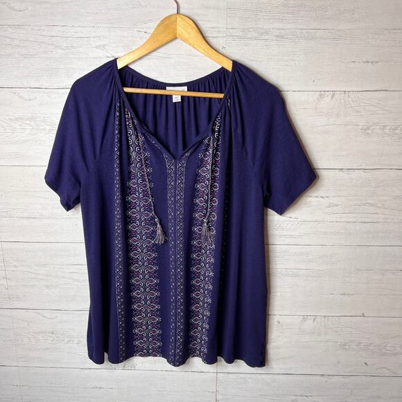 J Jill Blouse Womens Size 1X Blue Bohemian Tassels Comfort Cotton Blend - Picture 3 of 15
